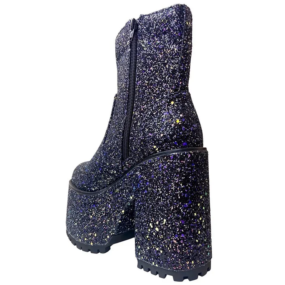 YRU Krush Platform Boots in Black Glitter - Picture 4 of 4